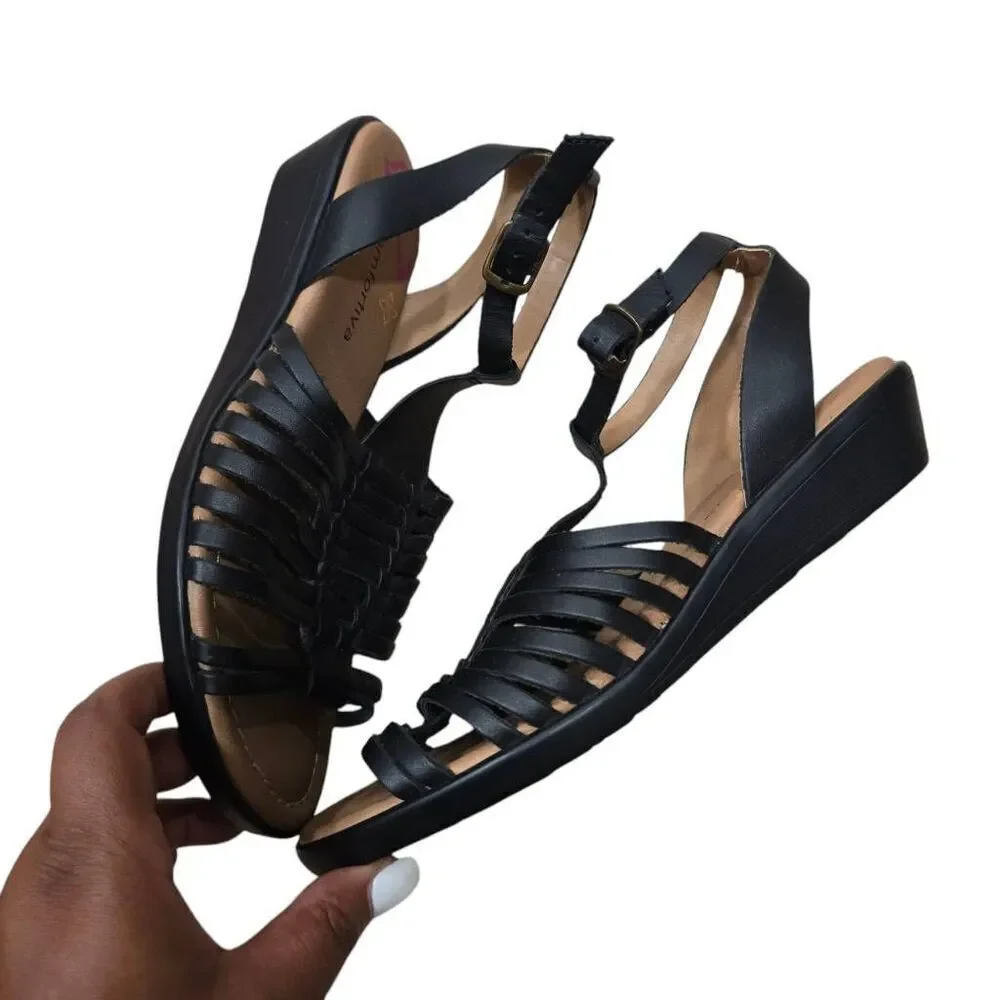 Comfortiva Strappy Sandals Women 7W Black Leather Pillowtop Memory Foam Open Toe